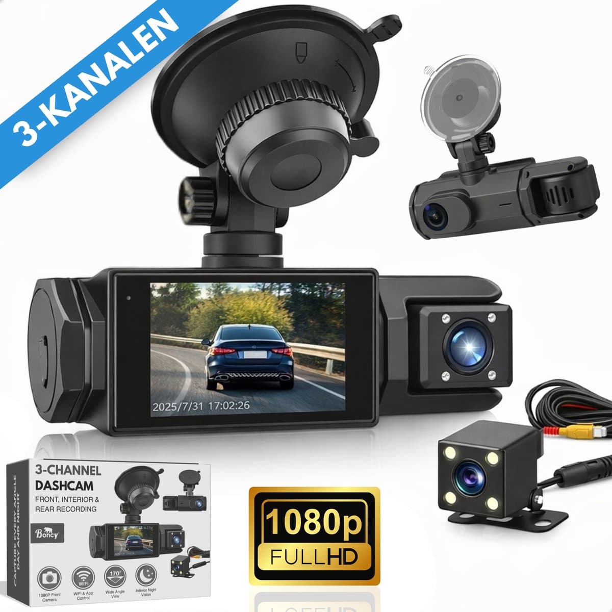 Boncy® Dashcam Voor Auto - 3 Kanalen Voor, Achter en Binnen Camera - 1080P Full HD - Dual Dashcams Met Achteruitrijcamera en Parkeermodus - Met Wifi & App - G-Sensor - Nachtzicht - Loop Recording - 170 Graden Kijkhoek — afbeelding 1