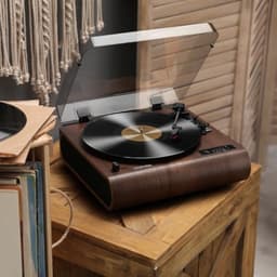 Platenspeler 3-snelheden Bluetooth draaitafel met ingebouwde luidsprekers, FM-radio, vinyl naar MP3-codering, USB/SD, LED-scherm, houten retro LP-speler, bruin — thumbnail 3
