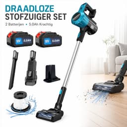 Accustofzuiger / Draadloze Stofzuiger / Huishoudstofzuiger – 375W borstelloze motor – 2x 18V 5.0Ah accu's & lader – Met verlengbuis, dweilmopmondstuk, spleetmondstuk, borstelmondstuk & 2 HEPA-filters – Voor vloer, tapijt, auto & meubels — thumbnail 1