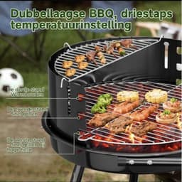 Homelux Draagbare houtskoolgrill + BBQ-spies met bevestigingsclips - Ronde grill met wielen en windscherm - BBQ - Hoogte verstelbaar - roestvrijstalen rooster voor tuin en camping — thumbnail 3
