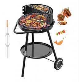 Homelux Draagbare houtskoolgrill + BBQ-spies met bevestigingsclips - Ronde grill met wielen en windscherm - BBQ - Hoogte verstelbaar - roestvrijstalen rooster voor tuin en camping — thumbnail 1