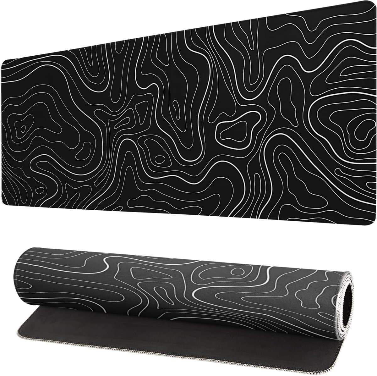 Lange gaming muismat - Groot waterdicht gaming muismat - Versterkte omzoomde randen - Antislip bureaumat voor thuis en kantoor - Verbetert uw bureau-ervaring - 31,5 x 11,8 inch - Zwarte topografie — afbeelding 1