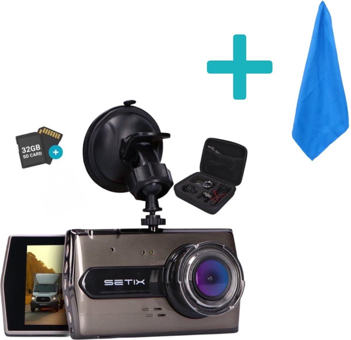 Setix Dashcam Go Met Microvezeldoek - Voor en Achter Camera – Inclusief 32GB SD kaart - Full HD 1080P Resolutie – Met Opbergcase tegen Diefstal - Nachtzicht – Plug & Play - Parkeermodus - 170 Graden Kijkhoek – Loop Recording – 2025 Auto Camera — afbeelding 1