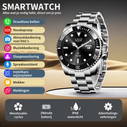 LIGE Smartwatch Heren 2026 | Bluetooth Bellen | IP68 Waterdicht Horloge | Sporthorloge Fitness Tracker | Hartslagmeter Stappenteller | Zuurstofmeter | Slaapmonitor | Smart Watch Android iOS | RVS Band | Zwart Zilver — thumbnail 2
