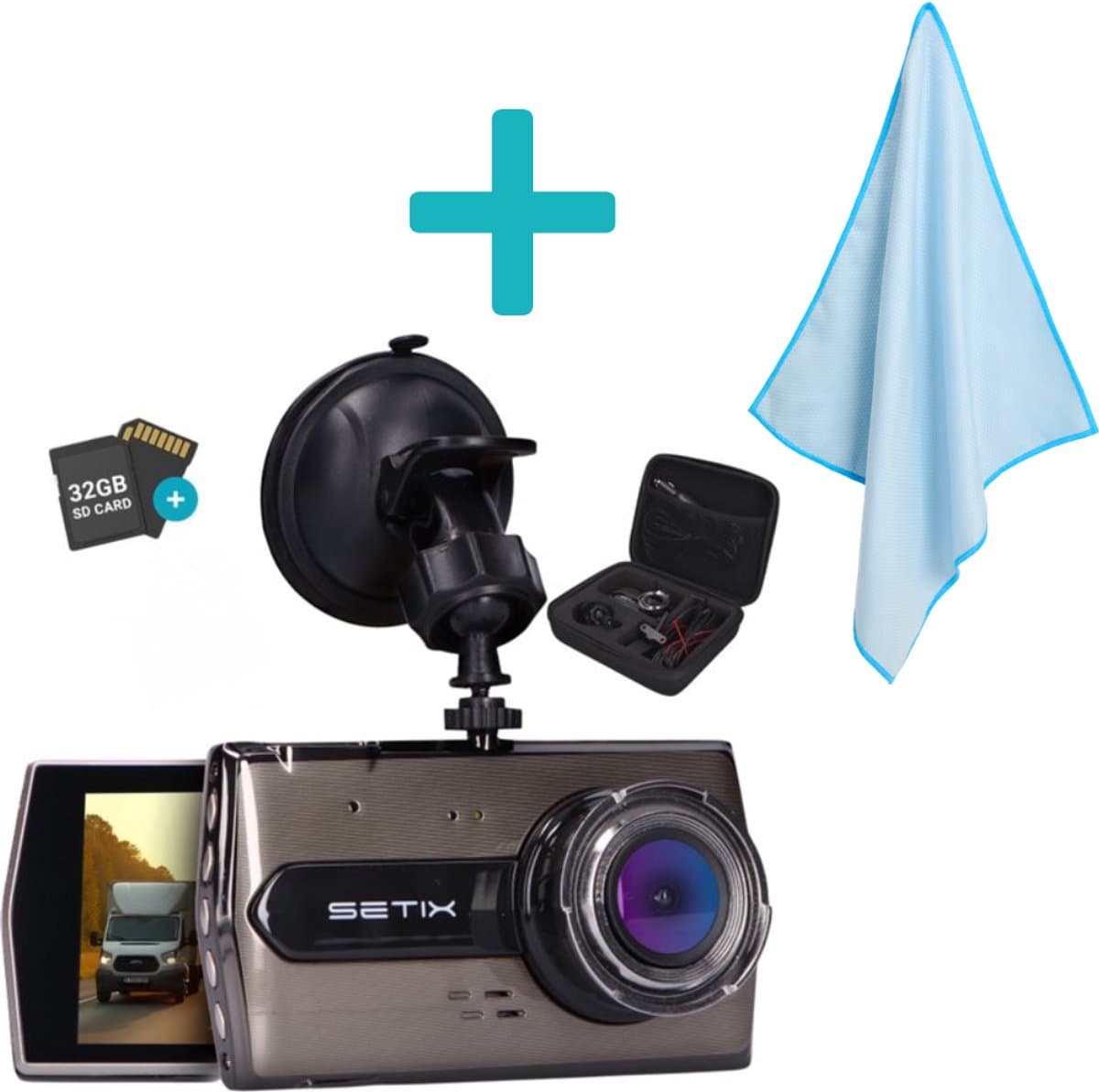 Setix Dashcam Go met Glas- en Spiegeldoek - Voor en Achter Camera – Inclusief 32GB SD kaart - Full HD 1080P Resolutie – Met Opbergcase tegen Diefstal - Nachtzicht – Plug & Play - Parkeermodus - 170 Graden Kijkhoek – Loop Recording – 2025 Auto Camera — afbeelding 1
