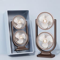 KZQ Bruine dubbele tafelventilator – draadloos, oplaadbaar, 5 snelheden, 360° verstelbaar, met nachtlampje, voor kantoor of thuis — thumbnail 2