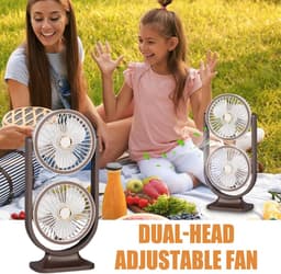 KZQ Bruine dubbele tafelventilator – draadloos, oplaadbaar, 5 snelheden, 360° verstelbaar, met nachtlampje, voor kantoor of thuis — thumbnail 5