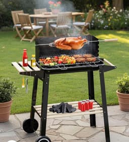 Houtskoolgrillwagen met draaispit, roestvrijstalen rooster en 5 hoogte-instellingen. Mobiele barbecue met 2 houten planken en wielen. — thumbnail 1