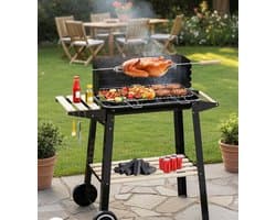 Houtskoolgrillwagen met draaispit, roestvrijstalen rooster en 5 hoogte-instellingen. Mobiele barbecue met 2 houten planken en wielen.