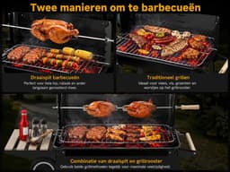 Houtskoolgrillwagen met draaispit, roestvrijstalen rooster en 5 hoogte-instellingen. Mobiele barbecue met 2 houten planken en wielen. — thumbnail 4
