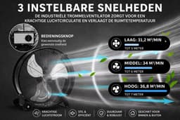 Industriële Vloerventilator 77 cm – Krachtige Trommelventilator met Wielen & Handgreep – 3 Snelheden – Zwart — thumbnail 3