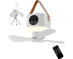 Draagbare Plafondventilator - Campingventilator Met Licht - Oplaadbare Batterij En Afstandsbediening - 360 Graden Verstelbaar - 7200 Mah Capaciteit - Inclusief Standaard En Tas - Voor Tent Camper En Buiten
