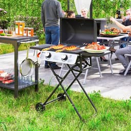 Gasbarbecue - Inklapbaar Gasbarbecue en Gasgrill - 2 Branders - Grillwagen - 5,6 kW - met Grillrooster, Wielen, Bijzettafels, Drukregelaar, Slangen, Thermometer - 101 x 50 x 102 cm - Zwart — thumbnail 5