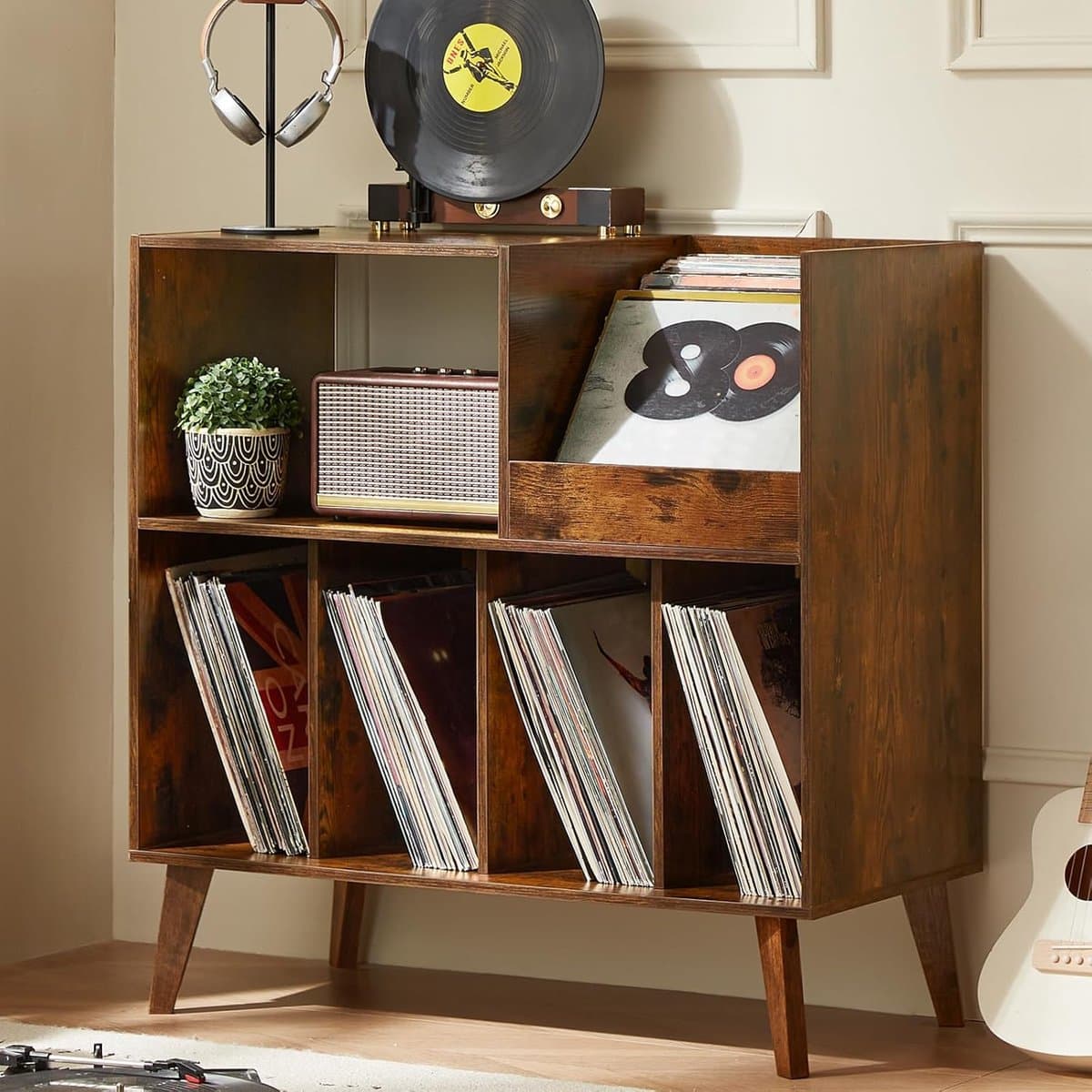 Platenstandaard - Platenspeler Meubel - Vinyl Platenrek voor 300 LP's - Vinyl Opslag met Presentatievlak - LP Houder - Albumhouder - Industrieel Design - Muziekkamer & Woonkamer - Grote Capaciteit - Vinyl Rek - Vintage Bruin & Zwart — afbeelding 1