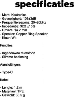 Kbstronics bedrade oordopjes USB-C aansluiting - Oortjes met draad en microfoon - USB-C - Wit - Slimme bediening — thumbnail 2