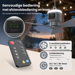 MUPOO Draagbare Camping Plafondventilator met LED Verlichting -Ø 45cm- 12000mAh - Afstandsbediening- 4 Windsnelheden & Timer - Stille DC Motor - Afneembare Bladen - lamp ventilator plafond Voor Tent, Caravan, Overkapping & Buiten — thumbnail 2