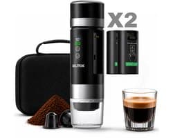 Draagbare koffiemachine - Verwisselbare Accu + 1 extra accu - 20 Bar - Inclusief Beschermhoes - 150 ml - 7500 mAh - Draagbaar koffiezetapparaat - Cups & Gemalen Koffie - Camping & Reizen - Espresso & Lungo - Seltrix - Zwart