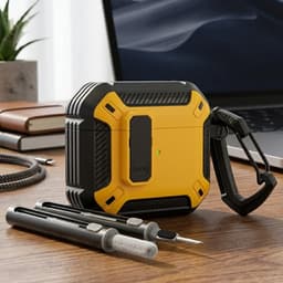 Geel robuust hoesje voor oordopjes met carbon look geschikt voor AirPods 4 inclusief schoonmaakset en karabijnhaak – schokbestendig en duurzaam — thumbnail 3