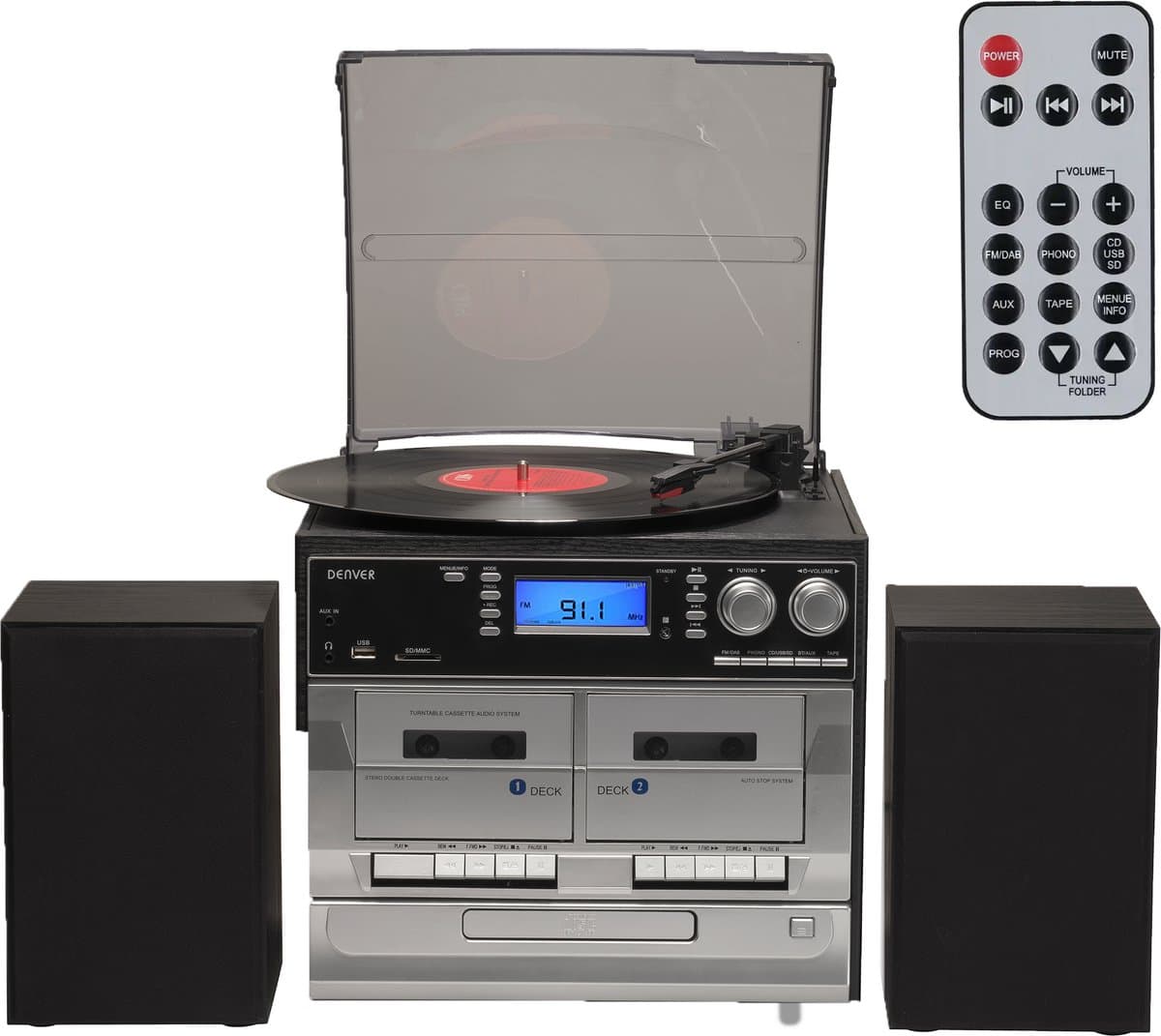 Denver Retro Platenspeler met Speakers - DAB Radio CD Speler - Dubbele Cassette - FM Radio - Hout - MRD166 — afbeelding 1