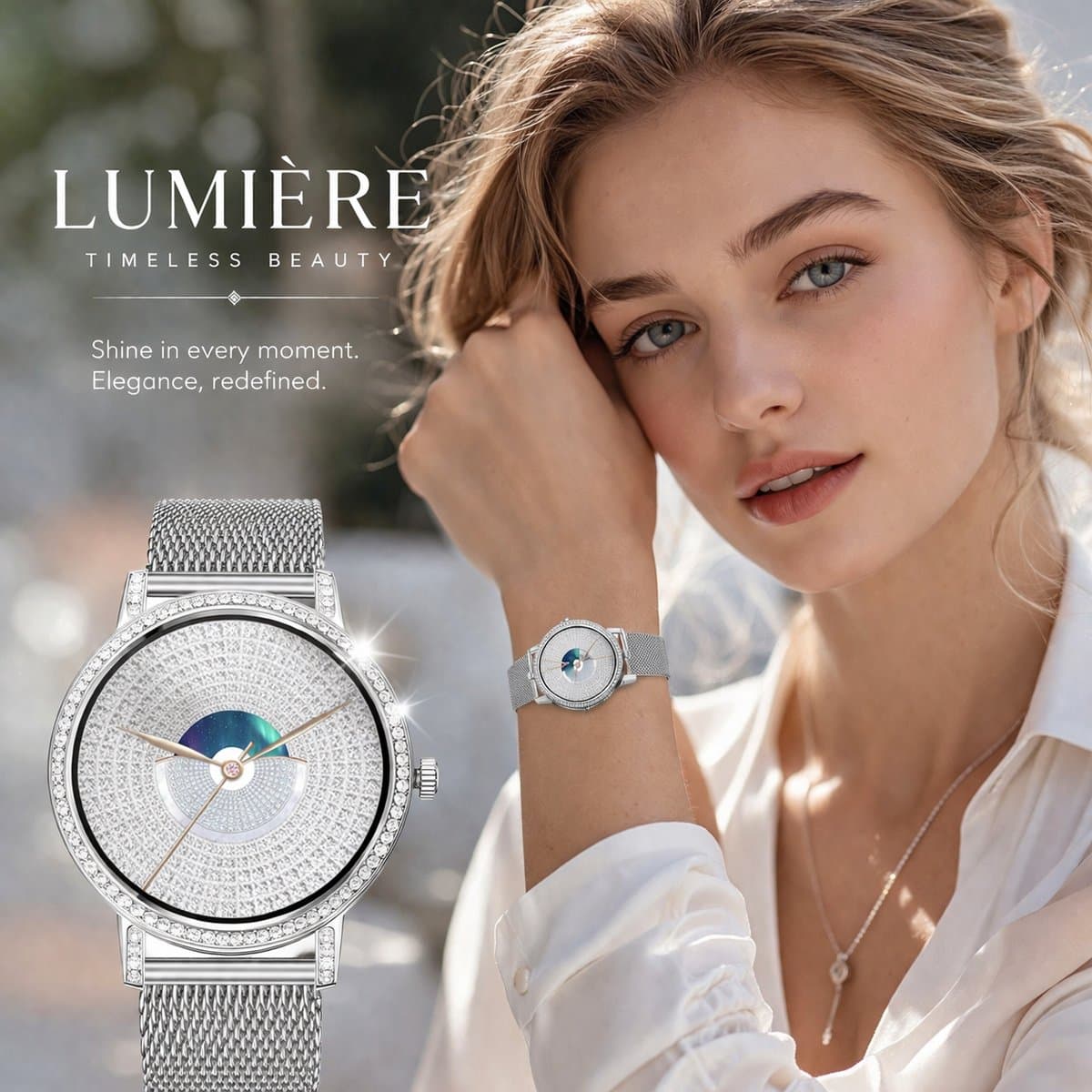 Knobbout 1.27" (3,2 cm) Scherm Smartwatch met Fonkelende Strass Steentjes – Luxe Design | Bellen via Bluetooth | Hartslag, Bloeddruk & SpO2 | IP67 Waterdicht | BT 5.3 | HD Scherm -Zilver — afbeelding 1