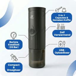 JT Products Draagbare 2 In 1 Espressomachine Zwart - Oplaadbaar - Capsules En Gemalen Koffie - Warmt Op - Koffiemaker - Nespresso - Draagbare Koffiemachine - Reis En Camping Koffiezetapparaat - Maatje - Vaderdag Cadeau Pakket - Vader Dag Top 10 — thumbnail 2