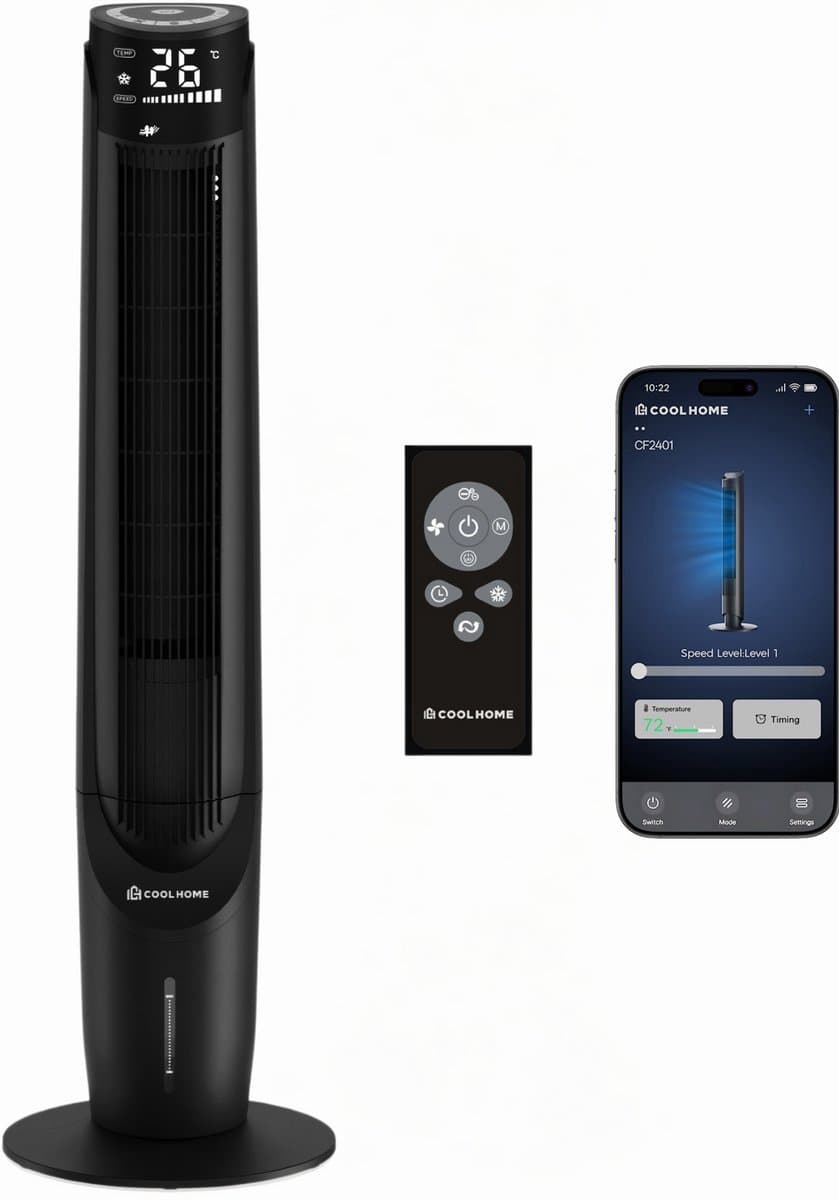 CoolHome AC2208 Aircooler- Luchtkoeler met draaifunctie - Afstandsbediening en App - Incl. Koelelement - 107 CM - Dimbaar LED scherm - Zwart — afbeelding 1