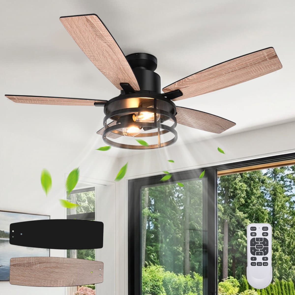 Rosnek Industriële Plafondventilator met Lamp - 112cm Zwart Kooi Design - Stille Plafondventilator Hout - Zomer en Winterstand - Slaapkamer/Patio — afbeelding 1
