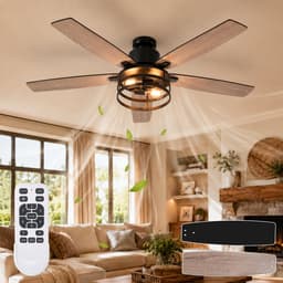 Rosnek Industriële Plafondventilator met Lamp - 132cm Zwart Kooi Design - Stille Plafondventilator Hout - Zomer en Winterstand - Slaapkamer/Patio — thumbnail 1