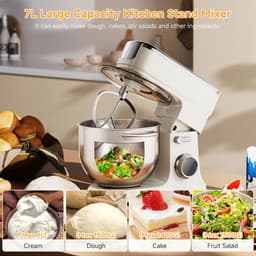 Flolife - Keukenmachine 7 Liter 1200W – Standmixer met DC Motor, Deeghaak, Ballongarde, Klopper en Vleesmolen Accessoire — thumbnail 2