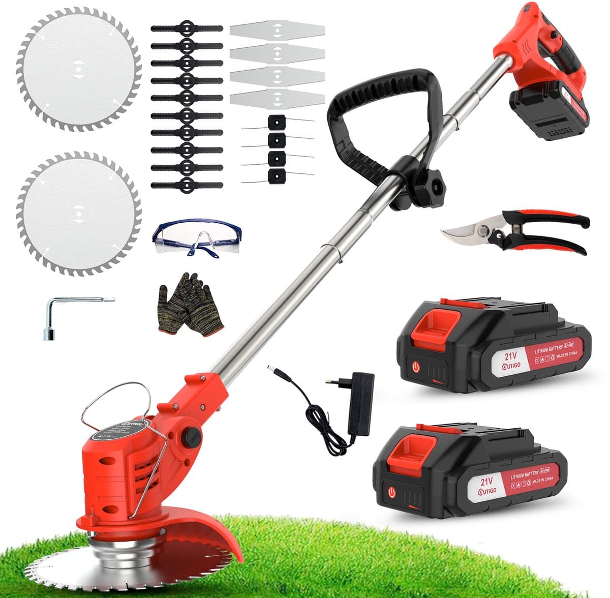Accu grastrimmer met accu, gazonkantentrimmer met 2 accu's 21V en 4 mestypen + 1 tuinschaar, opvouwbare grasmaaier-Rood — afbeelding 1
