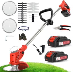 Accu grastrimmer met accu, gazonkantentrimmer met 2 accu's 21V en 4 mestypen + 1 tuinschaar, opvouwbare grasmaaier-Rood — thumbnail 1