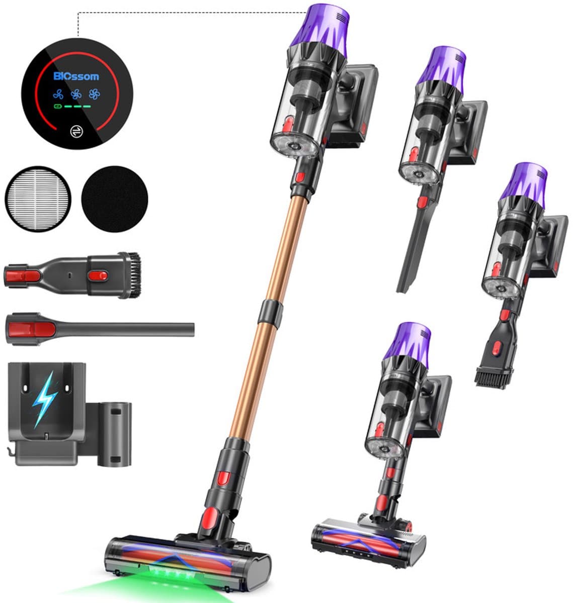 BLOSSOM Steelstofzuiger Draadloos - 600W - Kruimeldief - 55kPa Zuigkracht - Tot 65 Min Accuduur - Groene Laser - HEPA Filter - zonder zak - Paars/Goud — afbeelding 1