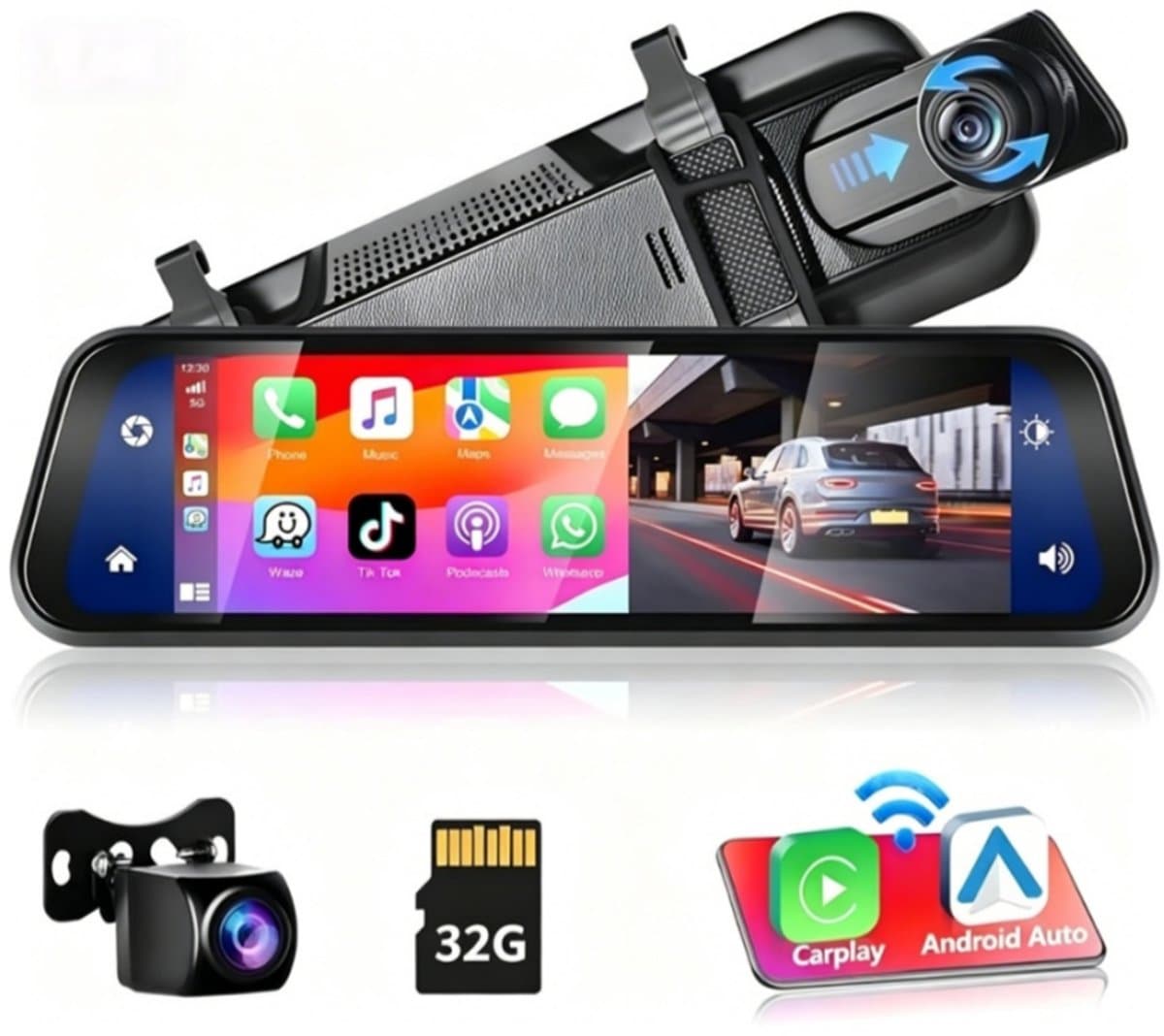 Achteruitkijkspiegel-dashcam - met draadloze Apple CarPlay- en Android Auto-functionaliteit - 9,66 inch - 4K-resolutie - IPS-touchscreen - dual-screen dashcam - Bluetooth + AHD-achteruitrijcamera - wifi - inclusief 32 GB SD-kaart — afbeelding 1