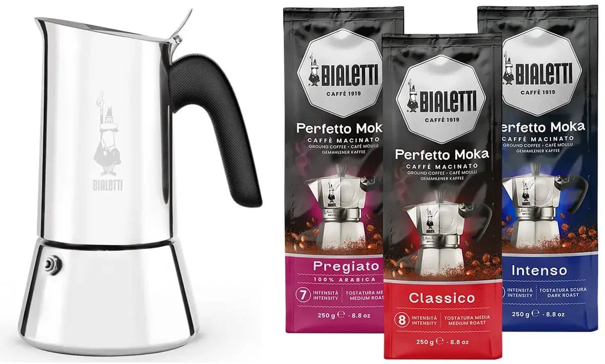 Bialetti Venus Percolator RVS 6 kops + Bialetti koffie proefpakket 3 x 250gr — afbeelding 1