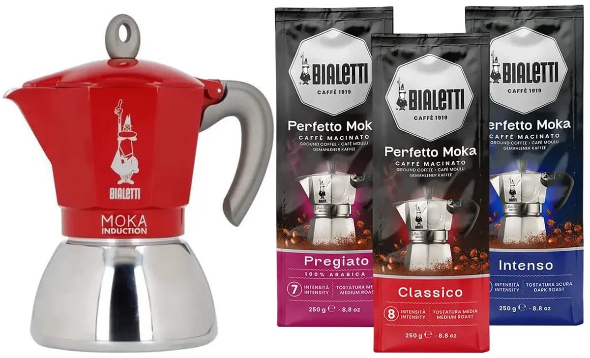 Bialetti Moka Inductie Rood - 4-kops - 150ml + Bialetti Koffie Proefpakket 3 x 250gr — afbeelding 1
