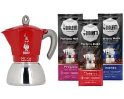 Bialetti Moka Inductie Rood - 4-kops - 150ml + Bialetti Koffie Proefpakket 3 x 250gr