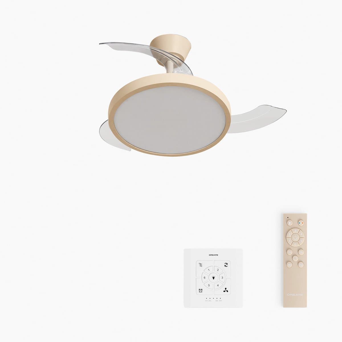 CREATE - Plafondventilator 40W stil met intrekbare bladen met licht - Ø91cm - Zand - Controller voor wandmontage + afstandsbediening - WIND CLEAR STUDIO — afbeelding 1
