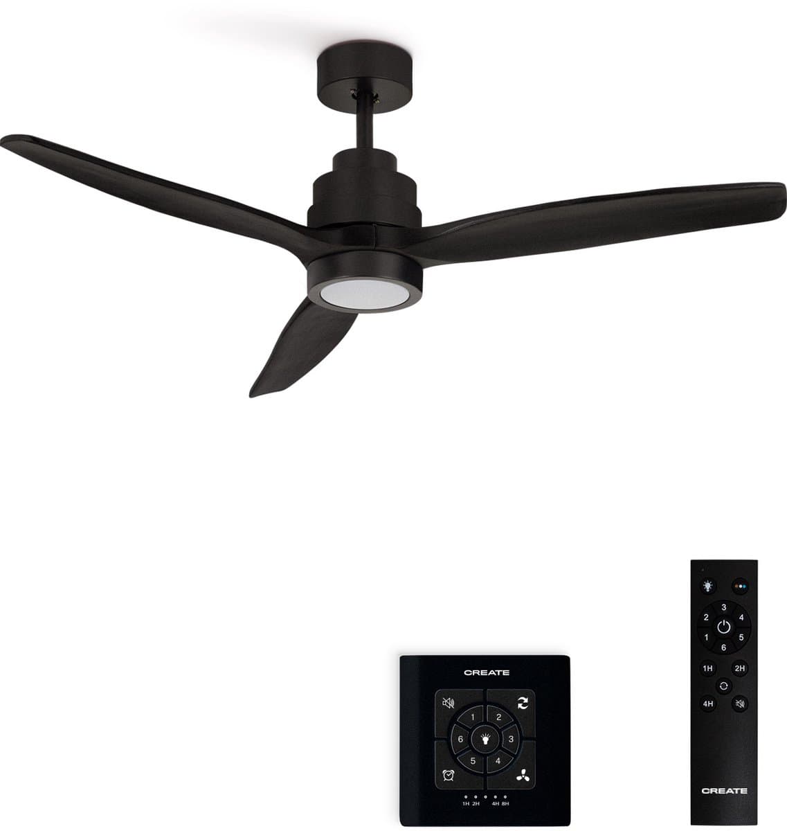 CREATE - Plafondventilator 40W silent 100% hout - Zwart - Ø112cm - Met licht - Controller voor wandmontage + afstandsbediening - WIND STYLANCE — afbeelding 1