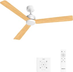 CREATE - Stille plafondventilator 40W met licht - Wit / Licht hout - Ø152cm - Controller voor wandmontage + afstandsbediening - WIND MODERN — thumbnail 1