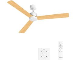 CREATE - Stille plafondventilator 40W met licht - Wit / Licht hout - Ø152cm - Controller voor wandmontage + afstandsbediening - WIND MODERN