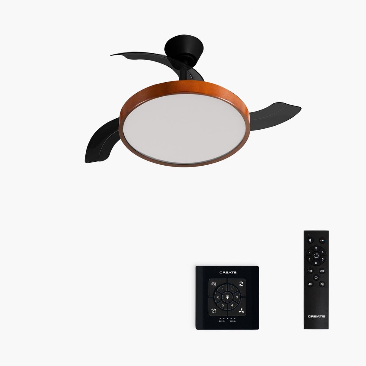 CREATE - Plafondventilator 40W stil met intrekbare bladen met licht - Ø91cm - Zwart / Donker hout - Controller voor wandmontage + afstandsbediening - WIND CLEAR STUDIO — afbeelding 1