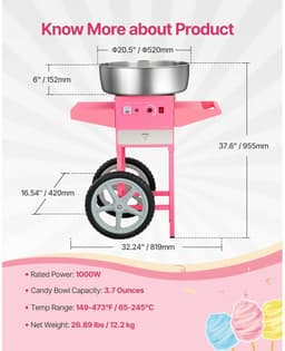 M-Goods - Suikerspinmachine met Kar - Professionele Suikerspin Maker - 1000W - 52 CM RVS Kom - Roze — thumbnail 2