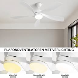 Plafondventilator Met Lamp - Stille ventilator - 5 ABS Bladen - Ø 52 inch - Dimbare lamp met 3 lichtstanden - 6 standen voor de windkracht - Met Afstandsbediening - LED's Light - Wit — thumbnail 2