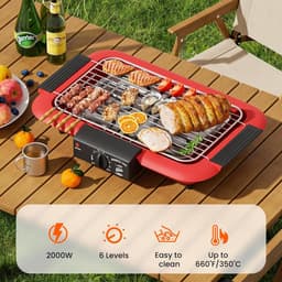 KZQ Elektrische Bbq Grill Rookvrij Met Anti Aanbaklaag Voor Binnen En Buiten - 2000w Dubbelbuis Hoog Vermogen Draagbare Afneembare Standaard Grill Voor Bbq Party - Rood — thumbnail 2