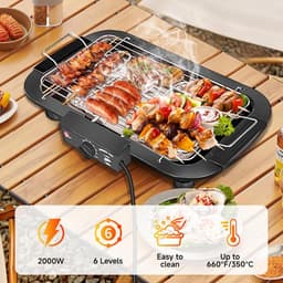 KZQ Elektrische Bbq Grill Rookvrij Met Anti Aanbaklaag Voor Binnen En Buiten - 2000w Dubbelbuis Hoog Vermogen Draagbare Afneembare Standaard Grill Voor Bbq Party - Zwart — thumbnail 4