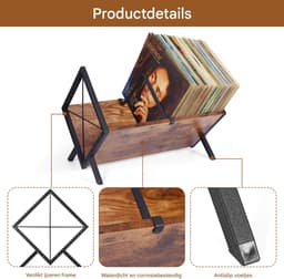 Lemlit LP Platenrek 40 x 22 x 30 cm - Vinyl Platenhouder met Verstelbare Verdelers - Opbergstandaard voor LP’s CD’s en Tijdschriften - Bruin Zwart — thumbnail 2