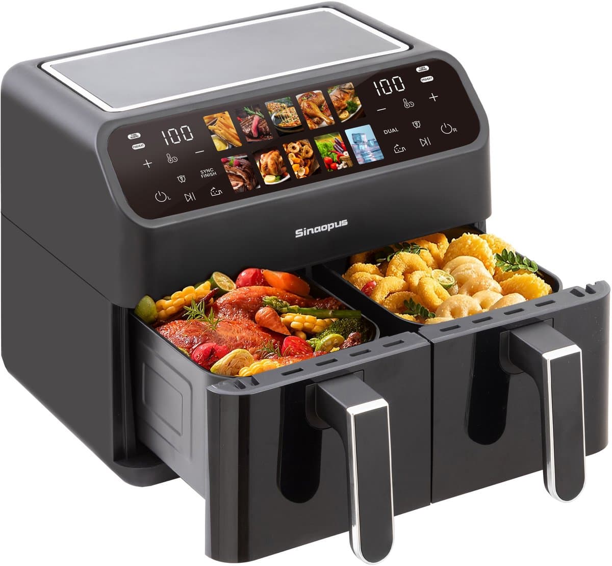 Digitale Airfryer XL 8L Sinaopus 901 – Heteluchtfriteuse met Dubbele Mand en DualMand Onafhankelijke Snelle Opwarming – Voor Gezinnen – 10 Programma’s – Kijkvenster – Makkelijk te Reinigen – Capaciteit voor 5 Personen — afbeelding 1
