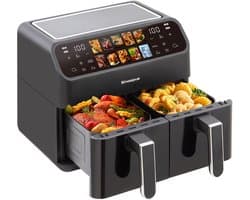 Digitale Airfryer XL 8L Sinaopus 901 – Heteluchtfriteuse met Dubbele Mand en DualMand Onafhankelijke Snelle Opwarming – Voor Gezinnen – 10 Programma’s – Kijkvenster – Makkelijk te Reinigen – Capaciteit voor 5 Personen