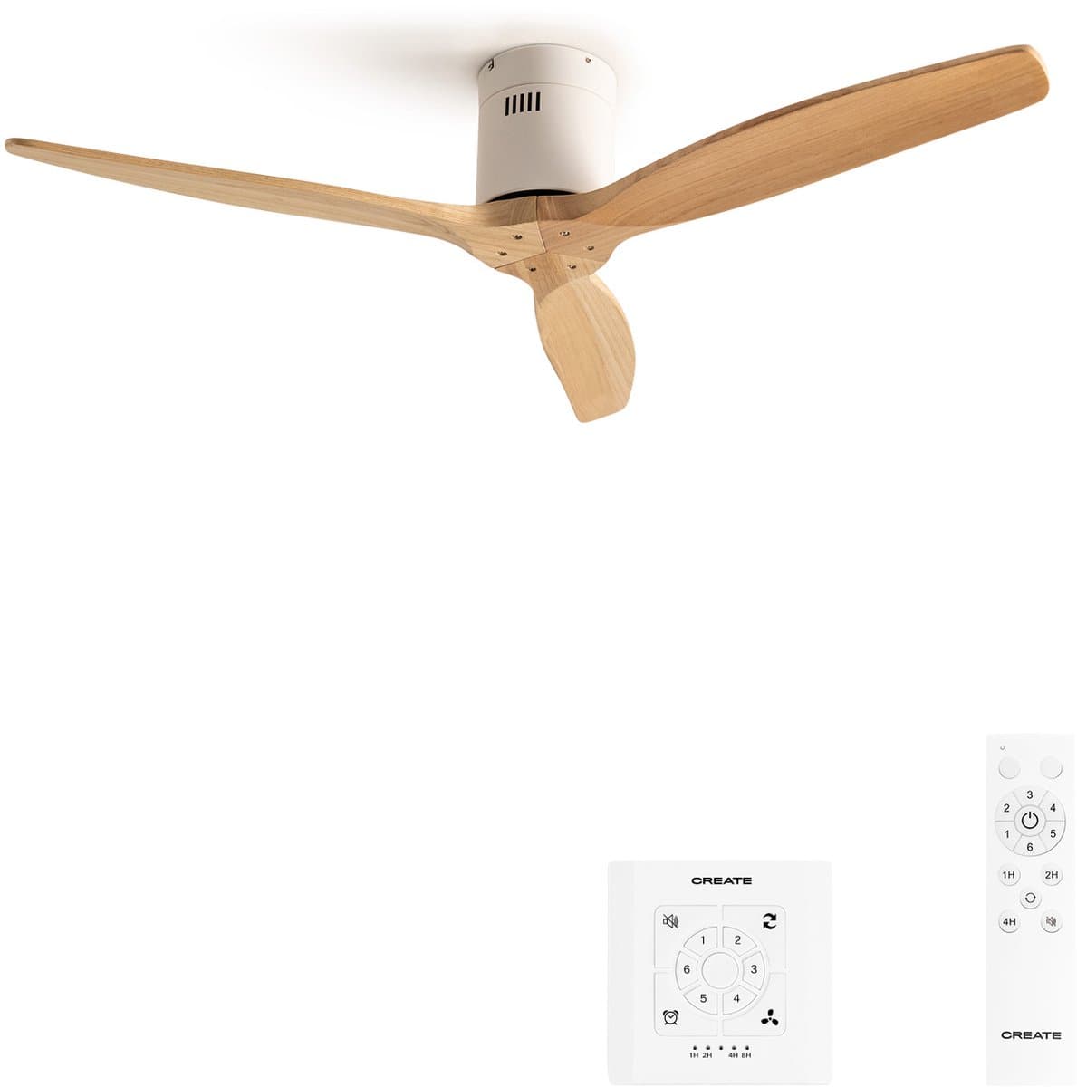 CREATE - Plafondventilator silent 100% hout 40W (Ø112cm) - Geen licht - Controller voor wandmontage + afstandsbediening - 6 snelheden - Programmeerbaar - WIND CALM NATURAL WOOD — afbeelding 1