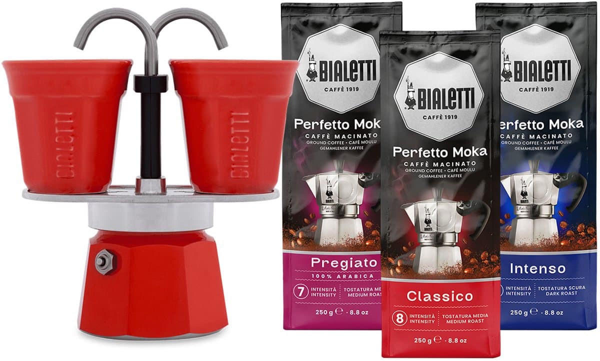 Bialetti Mini Express Rood + Bialetti Koffiepakket 3 x 250gr — afbeelding 1